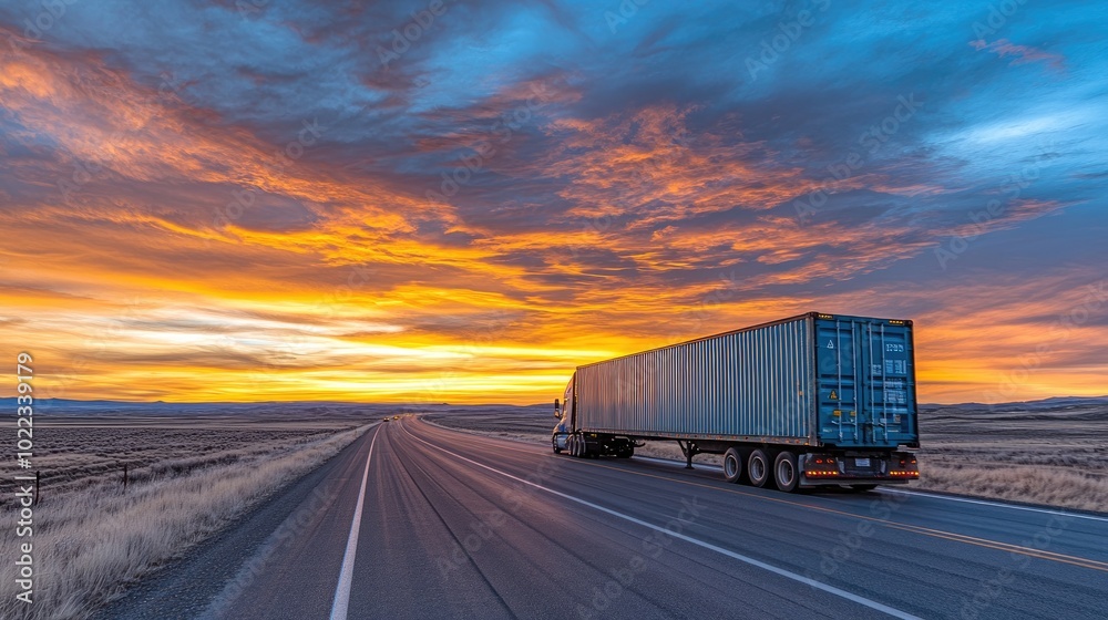 Cargo Truck on Highway at Sunset with Scenic Sky and Open Road Cargo Truck on Highway at Sunset with Scenic Sky and Open Road