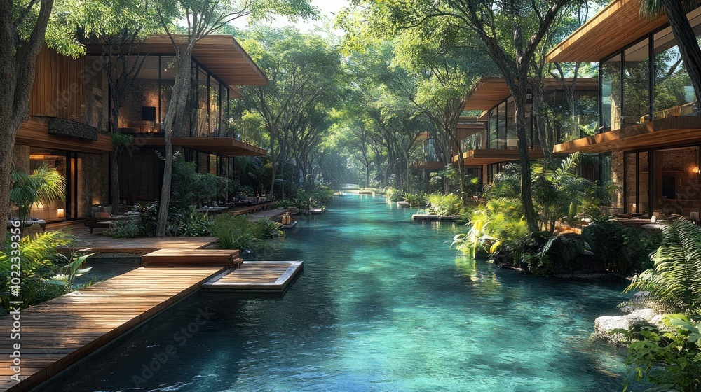 Serene eco-friendly resort surrounded by lush greenery and water. Serene eco-friendly resort surrounded by lush greenery and water.
