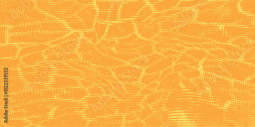 Yellow orange halftone pattern. Retro comic gradient background. Square pixilated dot cartoon texture. Pop art faded gradient pattern