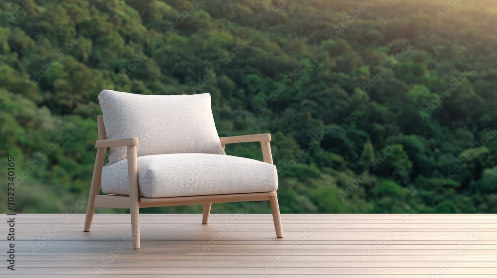 Fototapeta premium Stylish armchair on wooden deck with scenic nature backdrop.