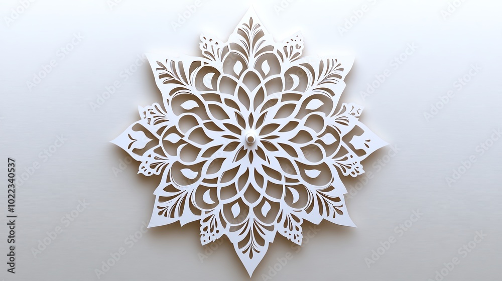 Circular paper cut pattern resembling a snowflake with intricate details, perfect for seasonal decorations, paper cut snowflake, winter decor Circular paper cut pattern resembling a snowflake with intricate details, perfect for seasonal decorations, paper cut snowflake, winter decor