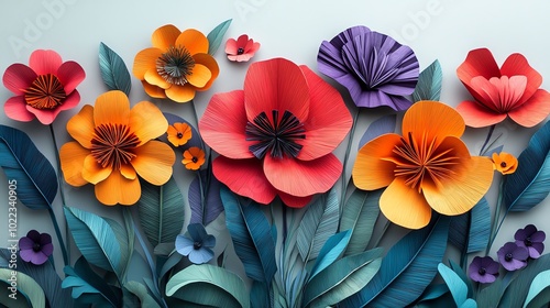 Wallpaper Mural Stylized paper cut flowers growing in layers from a central stem, a vibrant naturethemed decoration, paper cut flowers, botanical decor Torontodigital.ca
