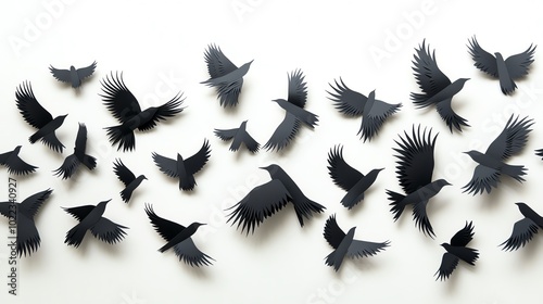 Symmetrical paper cut bird silhouettes in flight, displayed as an artistic decorative element, paper cut birds, wall art photo