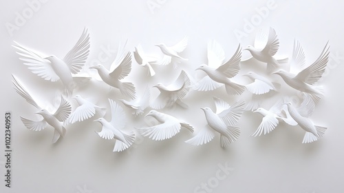 Symmetrical paper cut bird silhouettes in flight, displayed as an artistic decorative element, paper cut birds, wall art photo