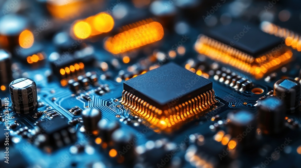 Close-up of a microchip on a circuit board with glowing elements. Close-up of a microchip on a circuit board with glowing elements.