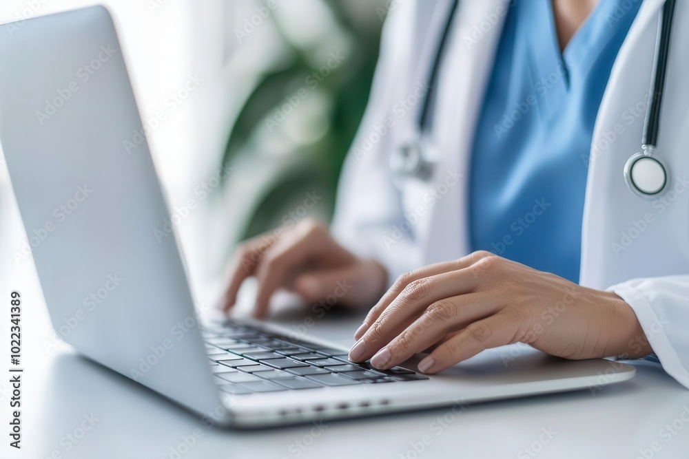 Telemedicine setup with healthcare worker, close-up of laptop screen, doctor-patient interaction, digital healthcare, remote diagnosis Telemedicine setup with healthcare worker, close-up of laptop screen, doctor-patient interaction, digital healthcare, remote diagnosis
