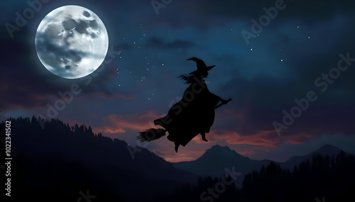 A mysterious witch flies beneath a glowing full moon, her silhouette framed against the night sky, as stars twinkle and the world below is bathed in moonlit shadows