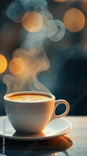 Wallpaper Mural Steaming cup of coffee with bokeh lights, cozy atmosphere. Warm beverage and relaxation concept Torontodigital.ca