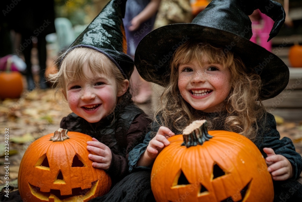 Happy children celebrating Halloween at a pumpkin party, wearing witch hats and holding carved pumpkins outdoors in autumn Happy children celebrating Halloween at a pumpkin party, wearing witch hats and holding carved pumpkins outdoors in autumn
