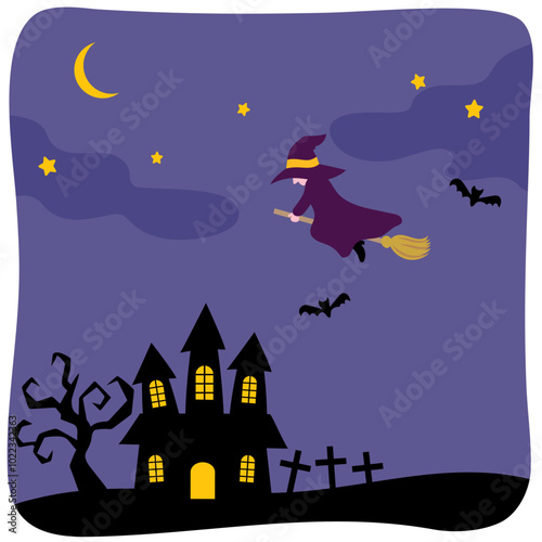 箒にまたがって夜空を飛ぶ魔女のベクターイラストレーション