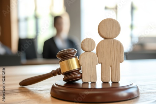 Wooden family figures and gavel on a judge's table during a courthouse hearing about joint custody and divorce proceedings photo