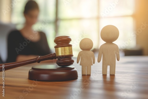 Family wooden figures beside a gavel on a judge's table during a court hearing about custody and alimony in family law