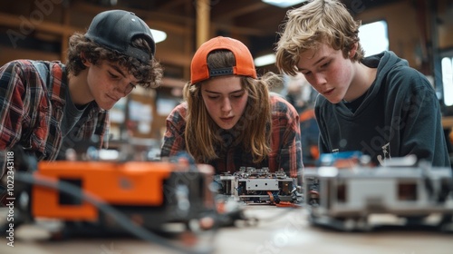 High schoolers working on building a robot for a robotics competition photo