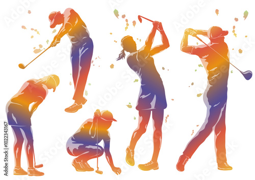 Vector Golf Players Colorful Silhouette Illustration Set Isolated On A White Background. 