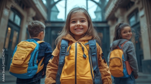 Smiling elementary school kids with backpacks standing at the school entrance