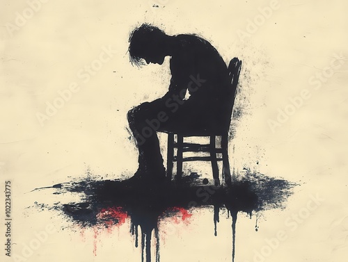 illustration depicting a person sitting despondently on a chair, shoulders hunched and head bowed, conveying deep feelings of sadness and vulnerability in a minimalist style photo