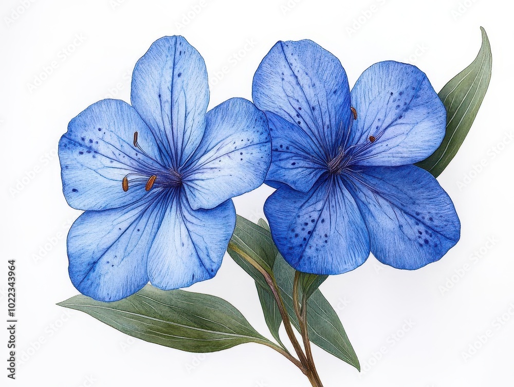 Fototapeta premium illustration of a gentiana flower, showcasing its intricate petals and vivid blue color against a clean white background, highlighting the delicate beauty of this botanical specimen