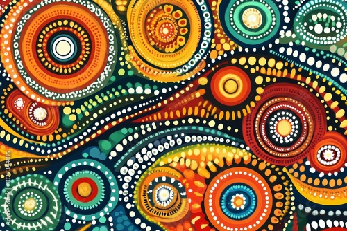 Vibrant aboriginal dot painting illustrating traditional stories and cultural heritage with intricate patterns and rich colors