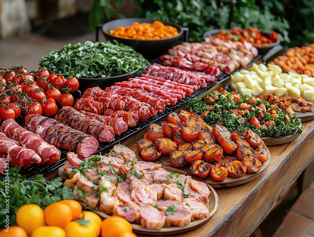 indoors catering buffet featuring an assortment of grilled meats, elegantly displayed on a long table, creating an inviting atmosphere for dining and social gatherings