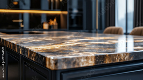 Luxurious kitchen island featuring stunning marble countertop with intricate patterns and rich colors, perfect for modern culinary experiences