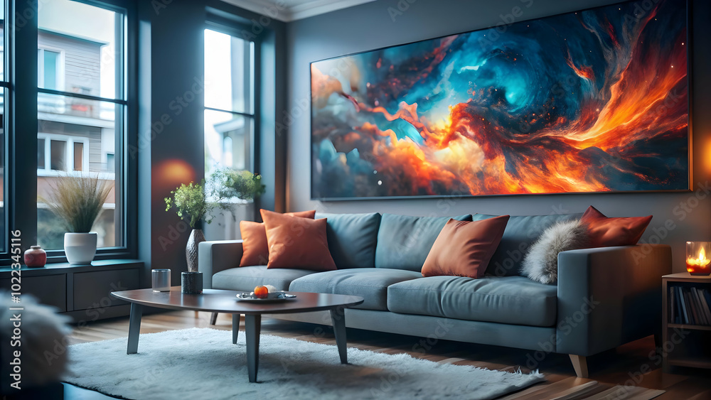 Cozy Living Room with Abstract Art - Wide Angle Shot Capturing the Perfect Blend of Modern Art and Comfortable Furnishings in a Sophisticated Atmosphere | Photo Stock Concept