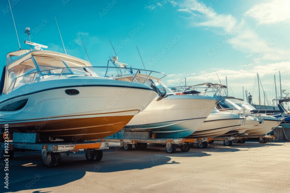 Obraz premium Luxury boats for sale on trailers in a vibrant parking lot on a sunny day