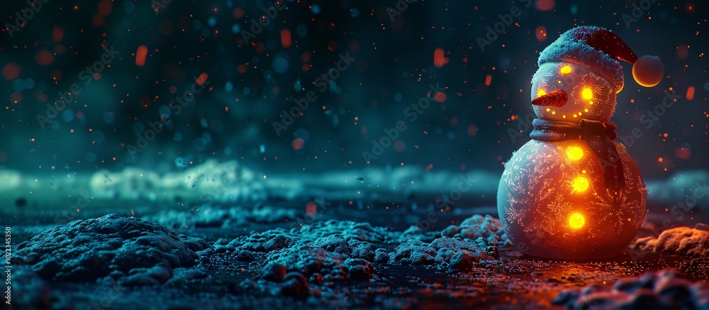 A glowing snowman softly illuminated at night by holiday lights wrapped around nearby trees.
A glowing snowman softly illuminated at night by holiday lights wrapped around nearby trees.