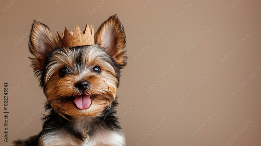 Adorable happy Yorkshire Terrier puppy wearing crown, celebrating joyfully Adorable happy Yorkshire Terrier puppy wearing crown, celebrating joyfully