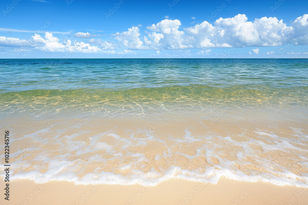 Clear, shallow ocean waves gently wash over a sandy beach under a bright blue sky with scattered clouds Clear, shallow ocean waves gently wash over a sandy beach under a bright blue sky with scattered clouds