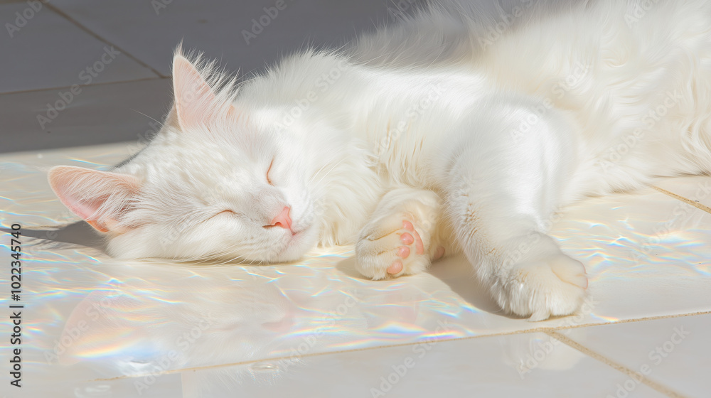 Obraz premium Sleeping white cat basking in sunlight on shiny floor