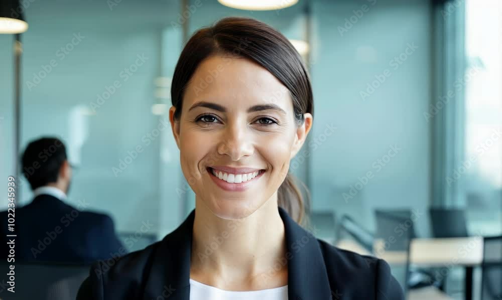 Smiling Young Businesswoman Closeup in Modern Office Smiling Young Businesswoman Closeup in Modern Office