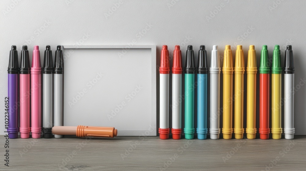 Fototapeta premium A collection of colorful markers next to a blank canvas.
