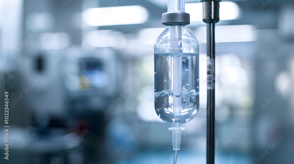 Vital Lifeline: Close-up Shot of an Intravenous Fluid Bag in a Hospital Setting Vital Lifeline: Close-up Shot of an Intravenous Fluid Bag in a Hospital Setting