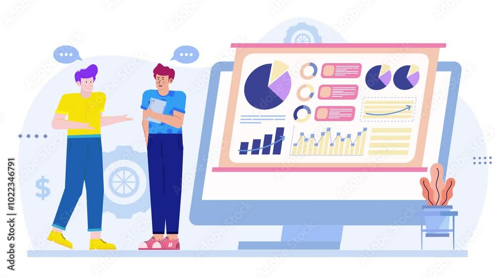 business people engage in a conversation analyzing data presented on a large screen in a modern office setting illustration animated video business people engage in a conversation analyzing data presented on a large screen in a modern office setting illustration animated video