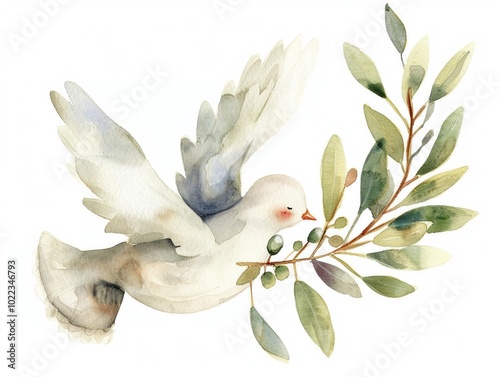 Watercolor illustration of a small dove holding an olive branch clipart