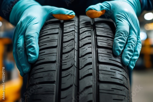 Close-up of mechanic hands holding a new car tire in an auto shop dedicated to tire replacement for various seasons