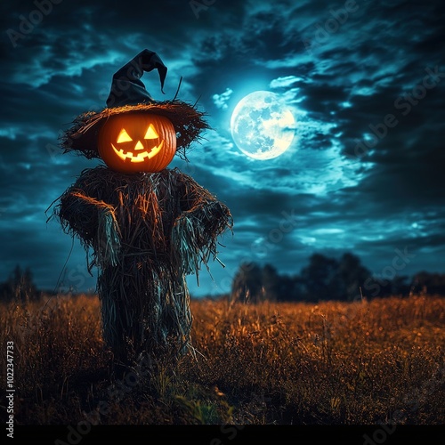 Halloween scarecrow with glowing pumpkins on empty spooky field at night with full moon. Horror season, Day of the Dead, farm background photo