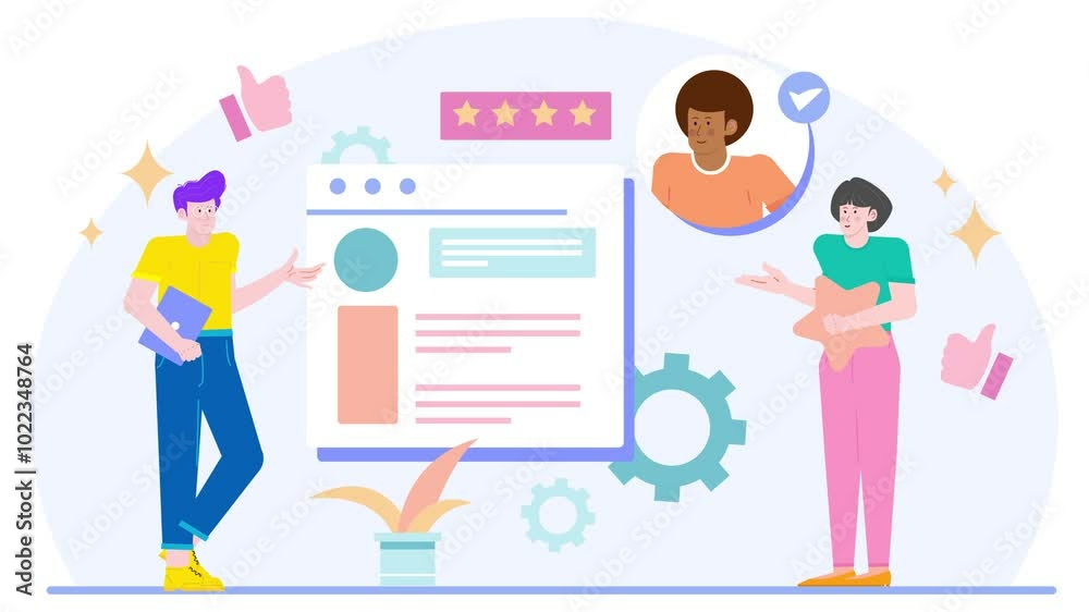 individuals discussing user feedback showcasing the importance of customer satisfaction in online platforms illustration animated video individuals discussing user feedback showcasing the importance of customer satisfaction in online platforms illustration animated video