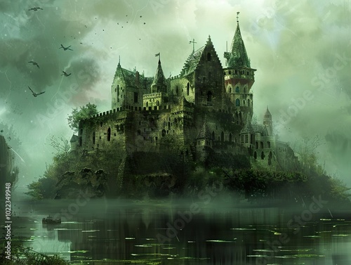 Mysterious Medieval Castle on a Foggy Lake