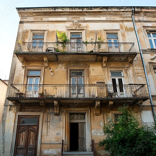 Old house in Havana, Cuba. Old building with balconies.