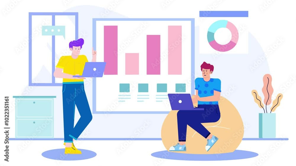colleagues in meeting and using laptops in a bright modern office illustration animated video colleagues in meeting and using laptops in a bright modern office illustration animated video