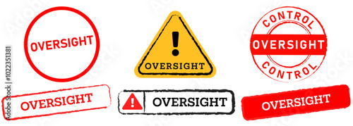Oversight evaluation under control stamps colorful badges sign symbol caution rules manufactured product emblem grunge texture label sticker design icon set collection