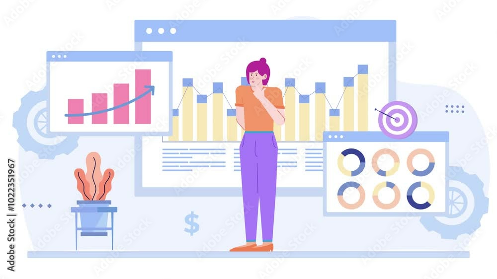 a businesswoman analyzing charts and data highlighting financial growth and analysis concepts illustration animated video a businesswoman analyzing charts and data highlighting financial growth and analysis concepts illustration animated video