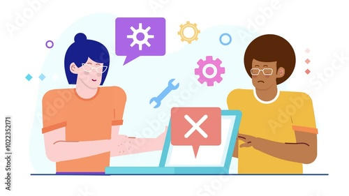teamwork discussing a technical issue on a laptop with gears and tools symbolizing troubleshooting illustration animated video