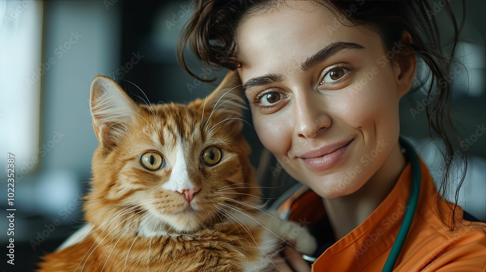 Woman with a ginger cat, smiling, possibly a veterinarian. Woman with a ginger cat, smiling, possibly a veterinarian.