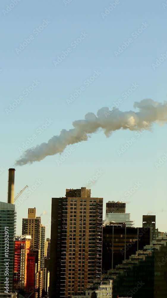 A beautiful urban skyline showcasing smoke emission rising from industrial buildings A beautiful urban skyline showcasing smoke emission rising from industrial buildings
