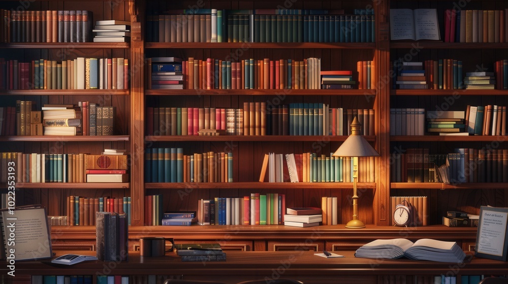 A cozy study area featuring wooden shelves filled with academic literature, books, and a warm reading lamp, inviting quiet study time. Generative AI A cozy study area featuring wooden shelves filled with academic literature, books, and a warm reading lamp, inviting quiet study time. Generative AI