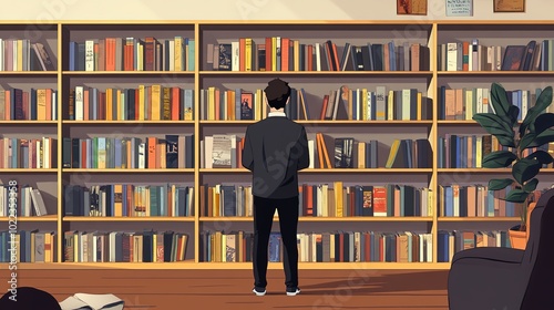 A young male stands in front of a home bookshelf filled with colorful comics, his back facing the camera. This cartoon-style image captures the essence of a cozy reading nook, 