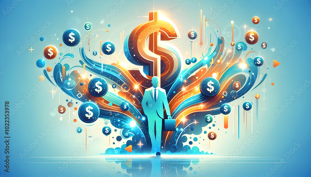 Flat Glowing Abstract Cash Flow Art with Floating Dollar Signs - Vibrant Light Effects Representing Financial Transactions, Ideal for Digital Marketing and Financial Services Business Promotions Flat Glowing Abstract Cash Flow Art with Floating Dollar Signs - Vibrant Light Effects Representing Financial Transactions, Ideal for Digital Marketing and Financial Services Business Promotions