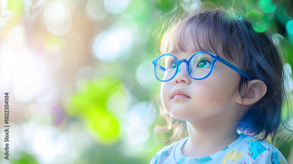 Young child wearing blue glasses focusing on distant tree outside window, symbolizing myopia prevention and importance of outdoor activities. Young child wearing blue glasses focusing on distant tree outside window, symbolizing myopia prevention and importance of outdoor activities.